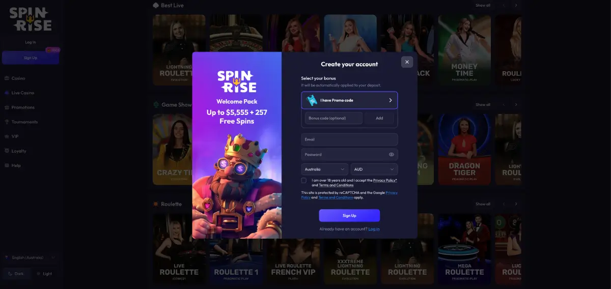Casino Spinrise sign up form with streamlined account creation steps